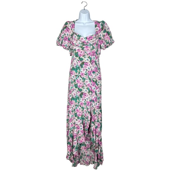 ASTR The Label Dayanara Dress Green Pink Floral Puff Sleeve Slit Maxi size Large - Picture 1 of 11